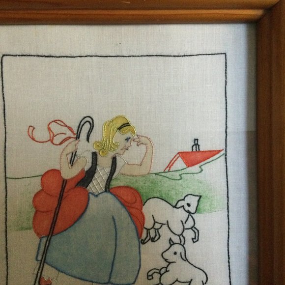 Little Bo-Peep lost her sheep fabric embroidery handcraft  wood frame small dec - Picture 3 of 5